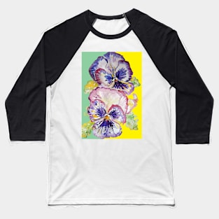 Purple Pansy Flower Watercolor Pattern on Green Baseball T-Shirt